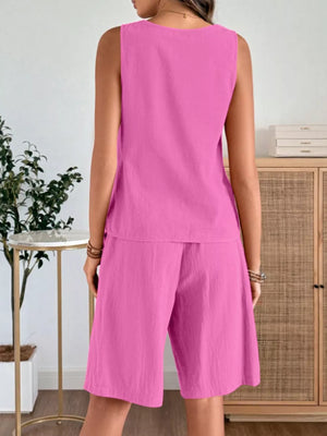 Fuchsia pink relaxed fit tank and shorts set, sleeveless top with crew neck, casual summer outfit.