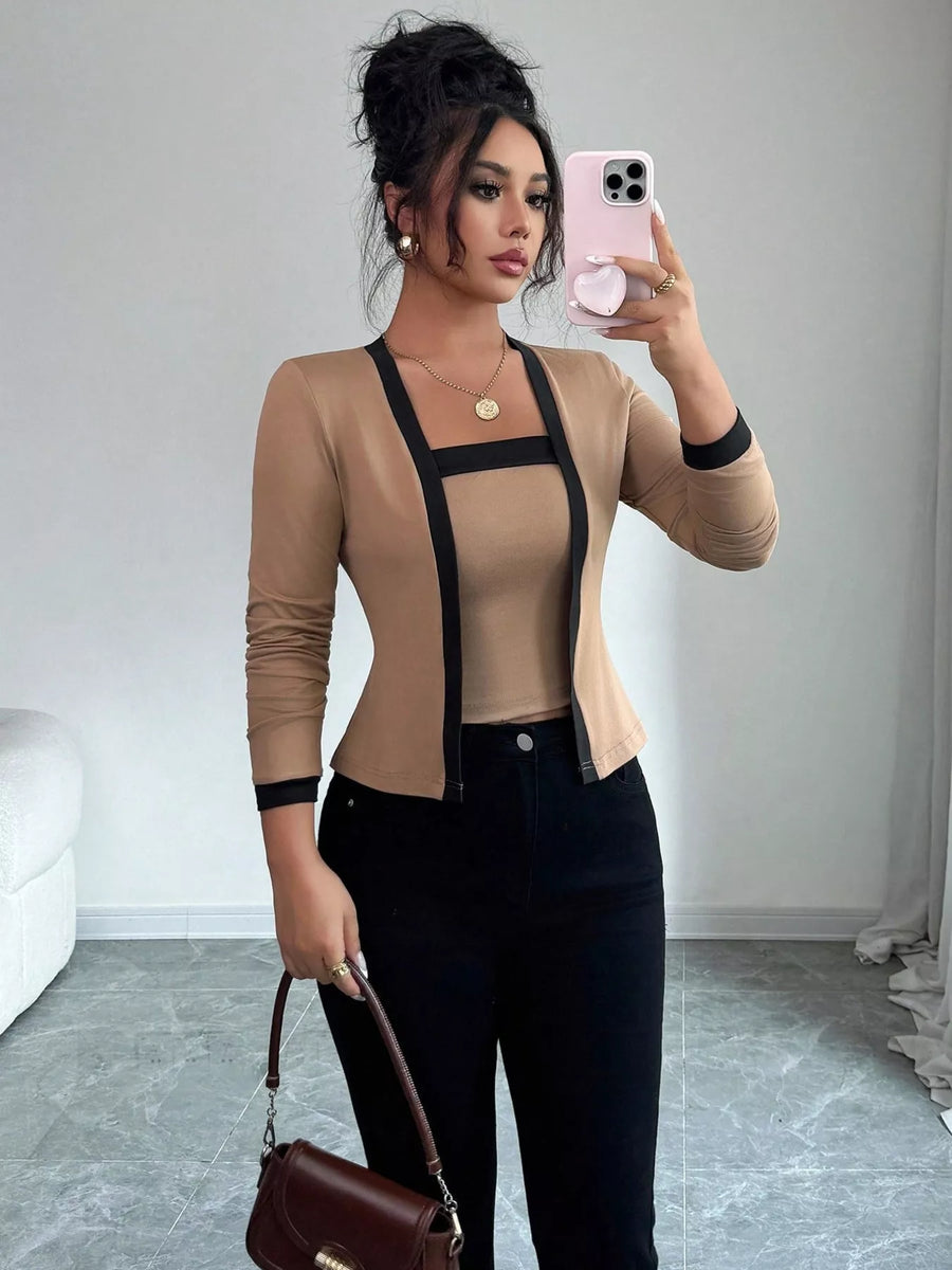 Khaki two-piece cardigan set with black trim and long sleeves.