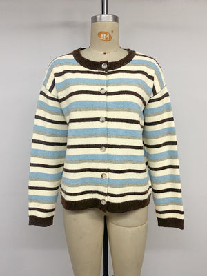 Striped Crew Neck Button-Down Cardigan in Multicolor with buttoned