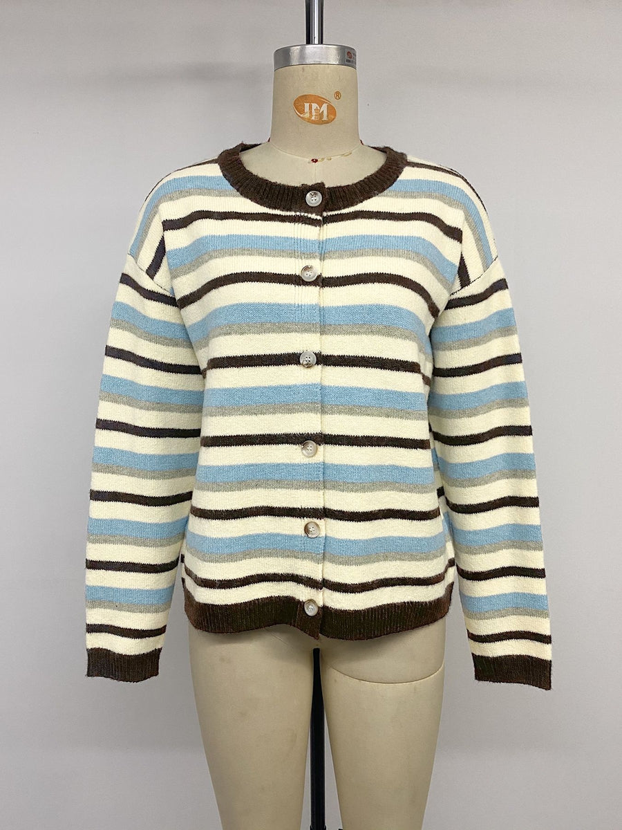 Striped Crew Neck Button-Down Cardigan in Multicolor with buttoned