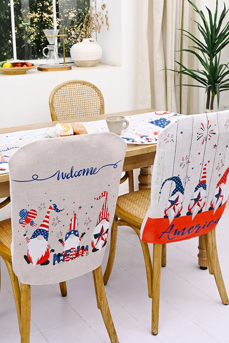 Patriotic gnome chair covers in multicolor feature gnomes, fireworks, and "America" text.