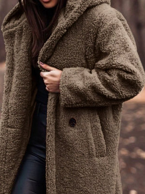 Brown teddy bear longline hooded coat with button closure and pockets