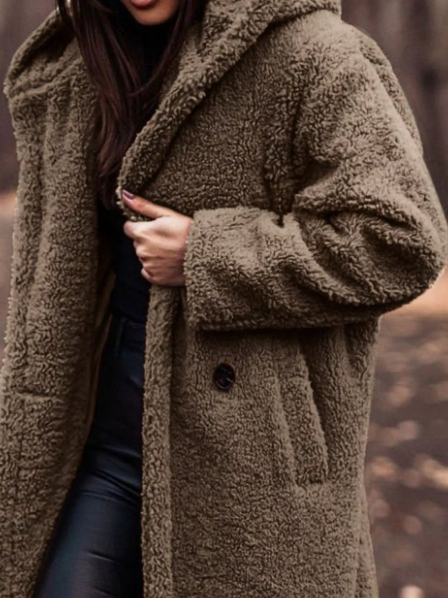Brown teddy bear longline hooded coat with button closure and pockets