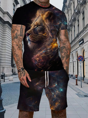 Turquoise Men's Full Size Round Neck Tee And Shorts Set