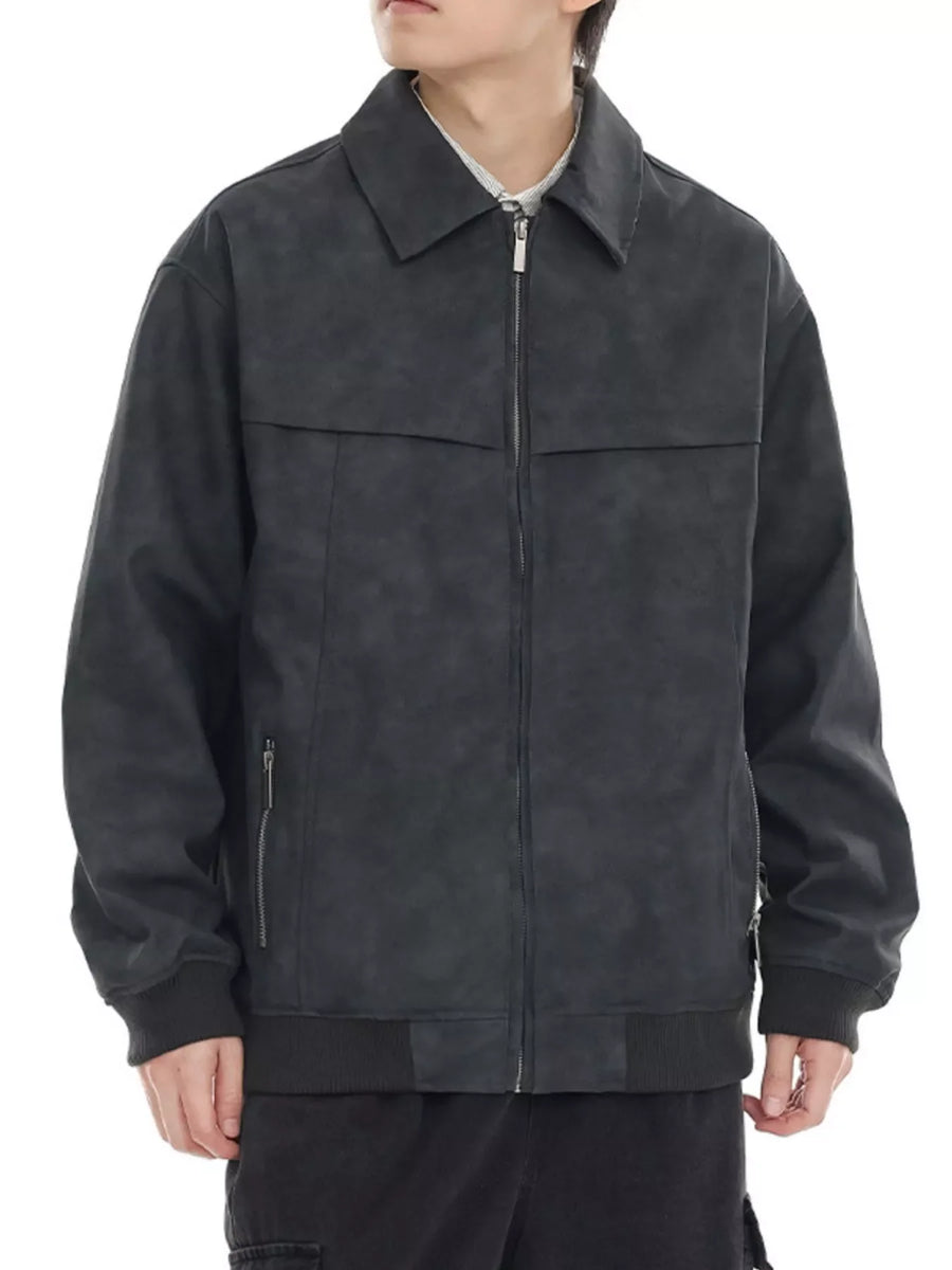 Gray bomber jacket with drop shoulders, zip front, and zippered pockets.