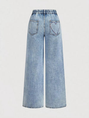 Button-down Embroidered Heart Wide-leg Jeans option 3