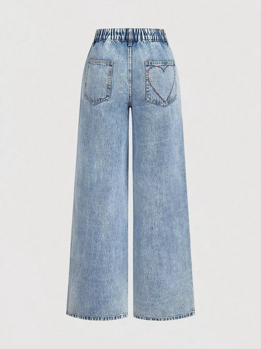 Button-down Embroidered Heart Wide-leg Jeans option 3