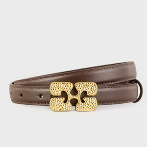 Brown cowhide leather belt with textured gold buckle
