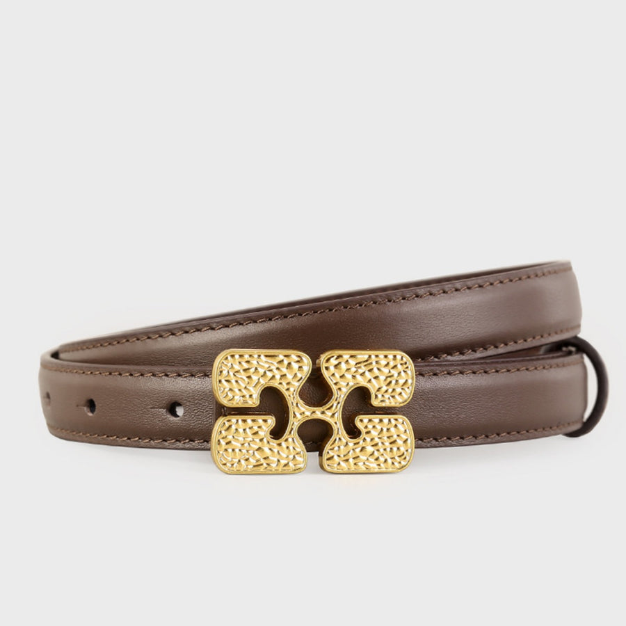 Brown cowhide leather belt with textured gold buckle