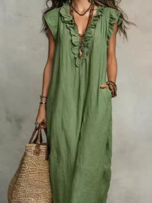 Bohemian Ruffle Neck Maxi Dress Plus Size in Light Green