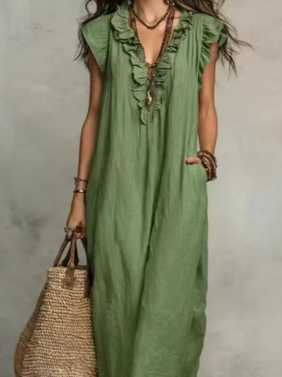 Bohemian Ruffle Neck Maxi Dress Plus Size in Light Green