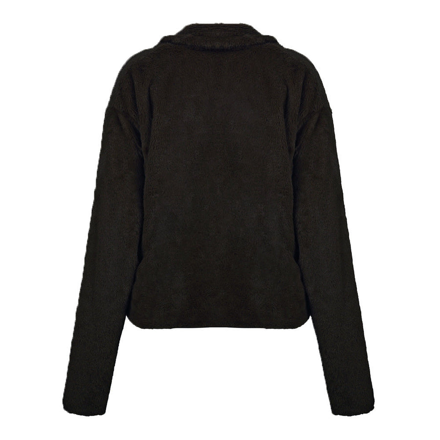 Faux fur biker jacket in chocolate brown with a collar and long sleeves.