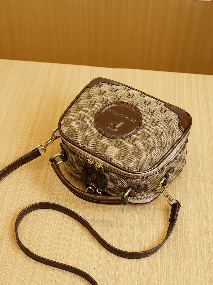 Monogram Pattern Crossbody Handbag With Top Handle in dark brown with top handle