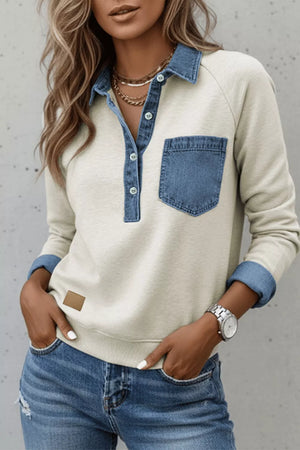 Light Gray Denim Collar Patchwork Long Sleeve Shirt