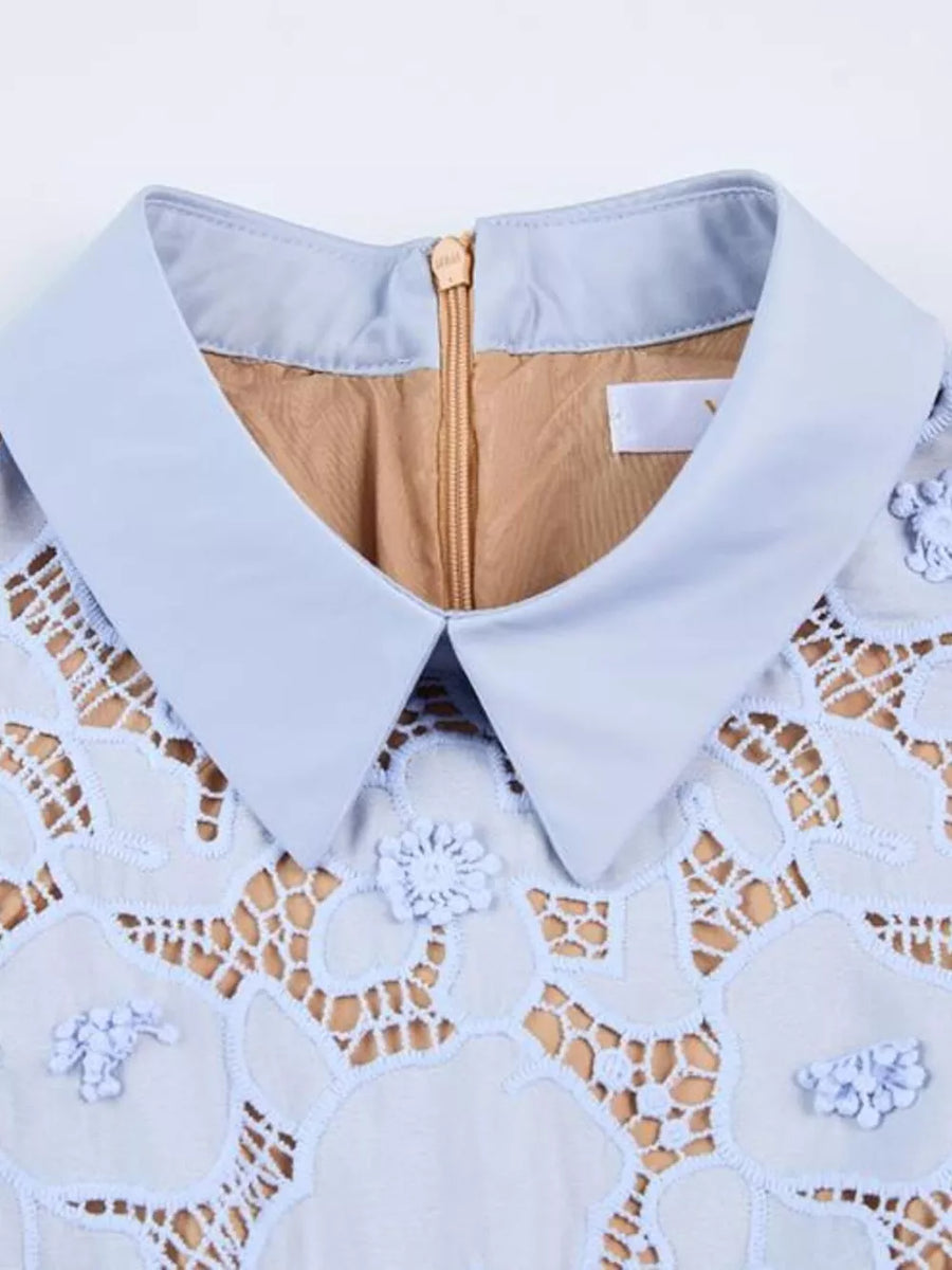 Sky blue lace midi dress with floral applique, peter pan collar, and zip detail.