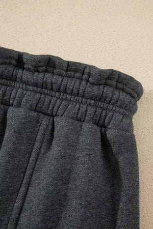 charcoal lounge set with hip-length (top), full-length (bottom) and pullover, drawstring, elastic