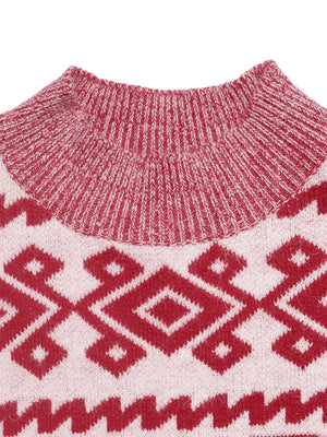 Red and white patterned round-neck long-sleeve sweater with a textured knit neckline.