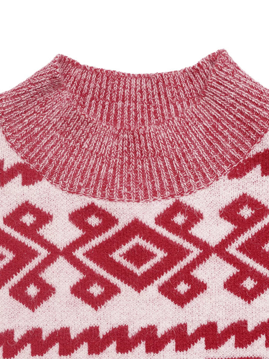 Red and white patterned round-neck long-sleeve sweater with a textured knit neckline.