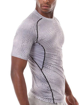 Men's short sleeve compression t-shirt in dark gray with snake print and black accents.