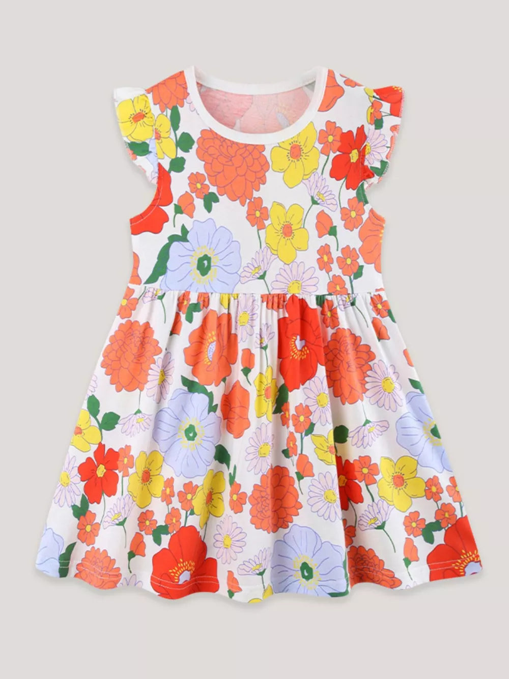 Toddler cotton dress with playful floral print, ruffle sleeves, and gathered waist.
