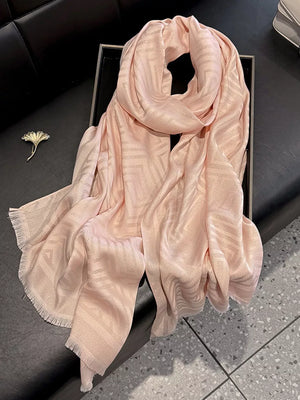Pink Tencel cotton scarf with geometric pattern and fringe detail