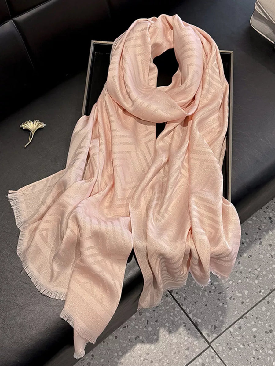 Pink Tencel cotton scarf with geometric pattern and fringe detail