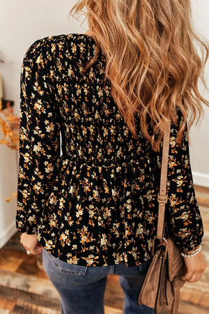 Black floral smocked waist long-sleeve blouse with delicate print