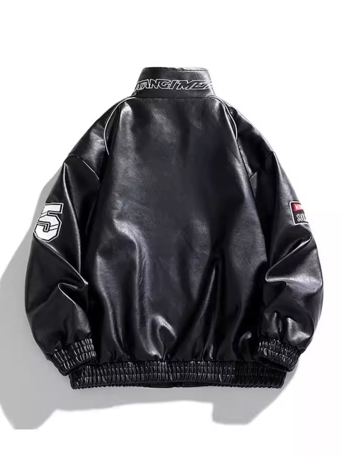 Black casual zip-up jacket with white piping, embroidered number 5 on sleeve, and collar text.