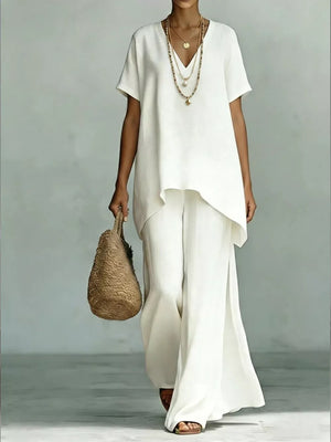 White linen blend v-neck short sleeve asymmetrical tunic and wide leg pants set