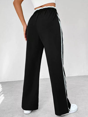 Black maternity pants with drawstring detail and side stripes, wide leg
