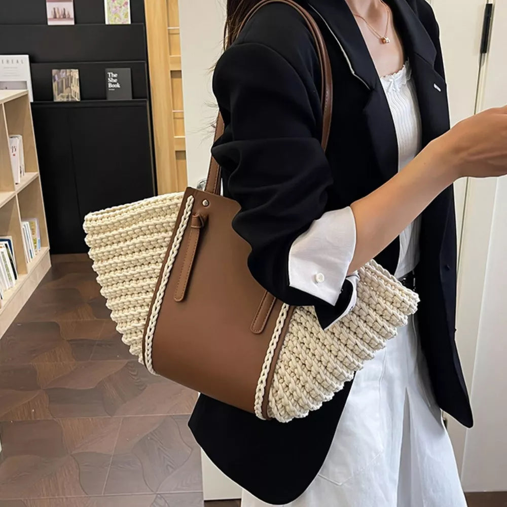 Straw Woven Shoulder Bag in camel with woven construction