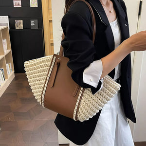 Straw Woven Shoulder Bag in camel with woven construction