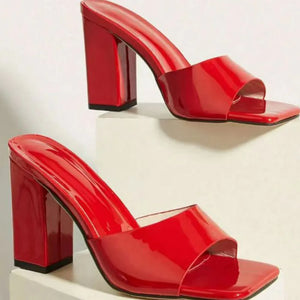 Red patent block heel mule sandals with square toe