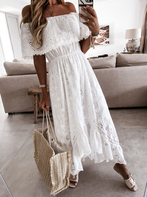 White eyelet lace off-shoulder maxi dress with tiered ruffle hem and elastic waist.