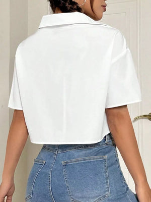 white button-up shirt with button-front and short sleeve