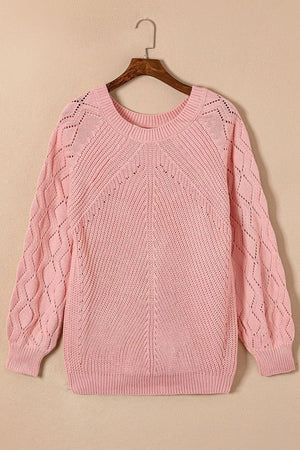 Dusty pink knit sweater with hollow-out diamond pattern on puffy sleeves and yoke.