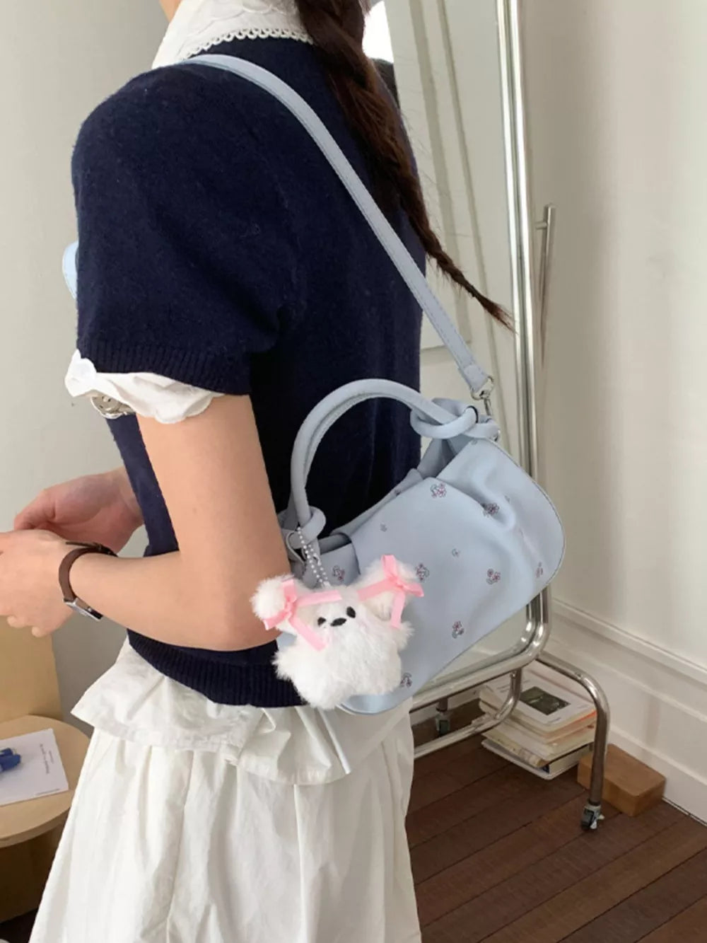 crossbody bag in pink with ditsy floral and ruched