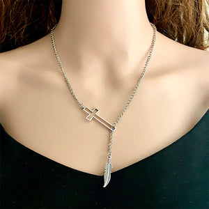Silver asymmetrical cross lariat necklace with feather charm, alloy.