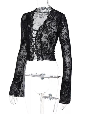 Black lace t-shirt with sheer floral sleeves and button front detail