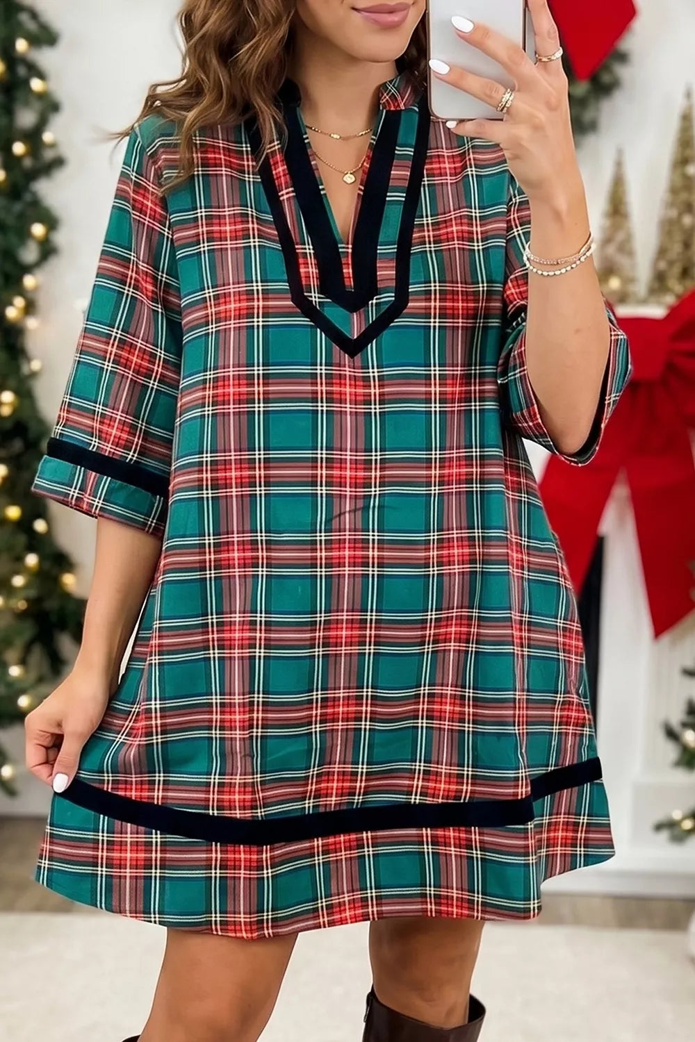Plaid Velvet Trim Short Shift Dress option 6