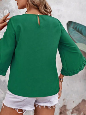 Green ruffled sleeve blouse with button detail and keyhole back.