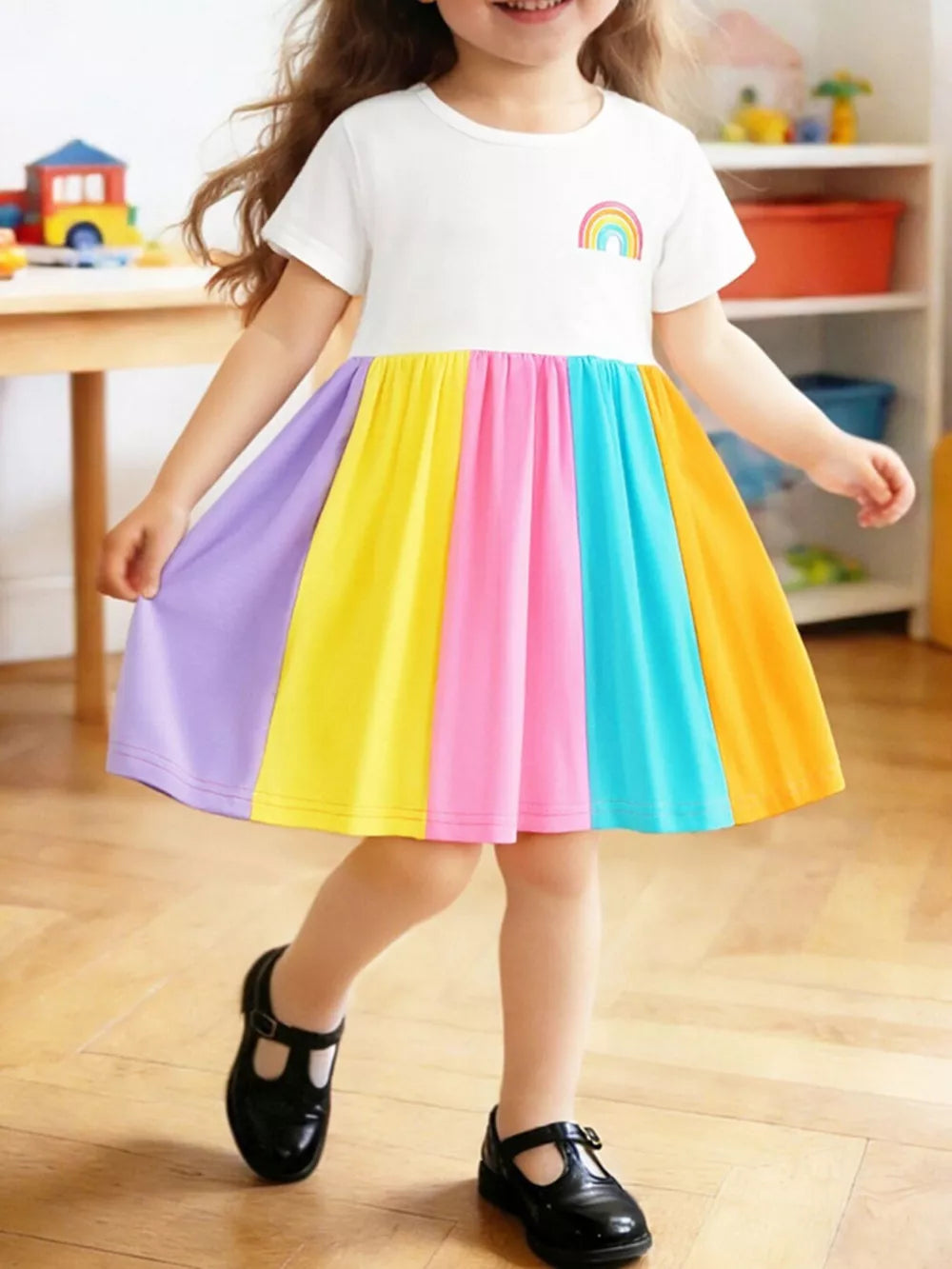 Toddler rainbow striped dress with white top and colorful skirt, cotton, short sleeves