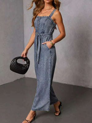 classic jumpsuit in washed denim blue with square neck