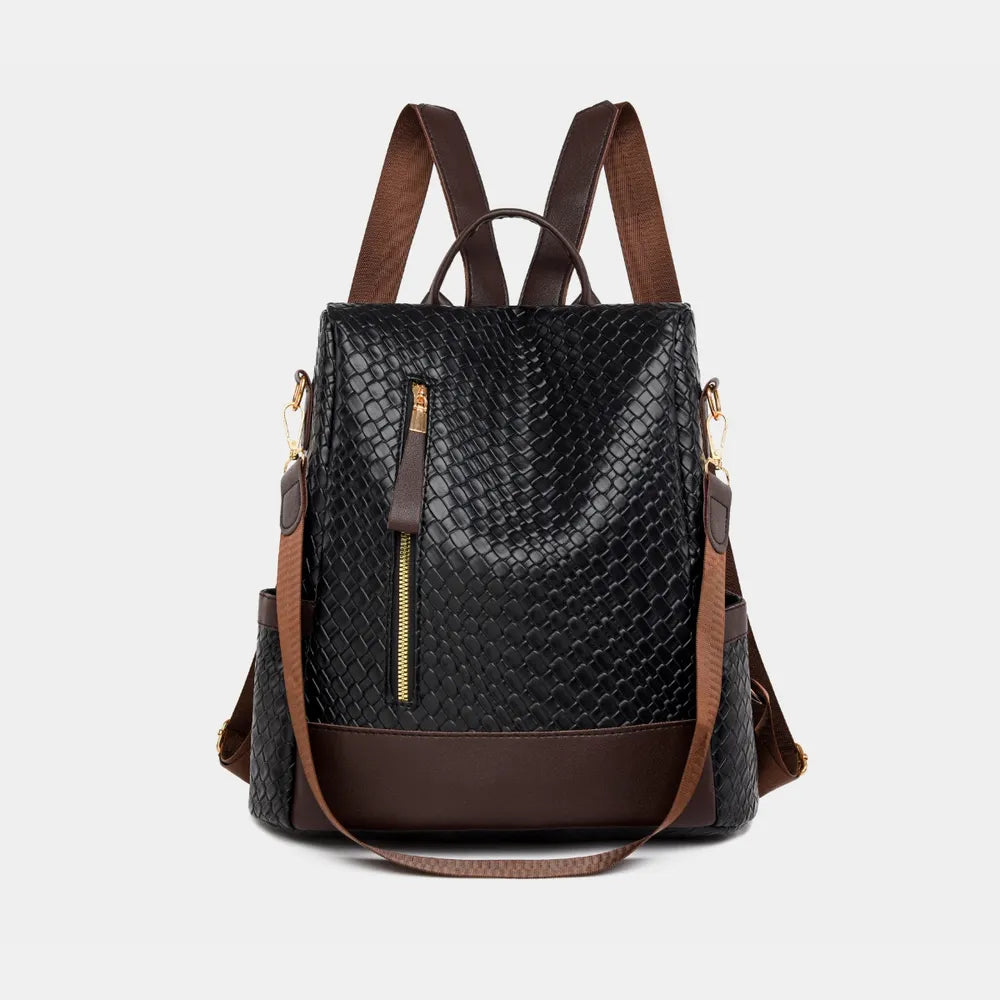 Black woven faux leather convertible backpack with brown trim and straps.