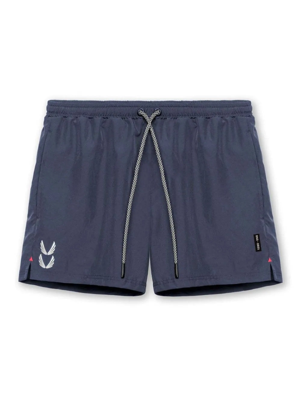 Performance drawcord sport shorts in Dusty Blue with white logo detail and side vents.