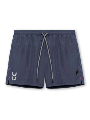 Performance drawcord sport shorts in Dusty Blue with white logo detail and side vents.