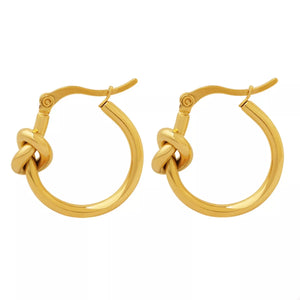 Gold knot hoop earrings with 18K gold plating.