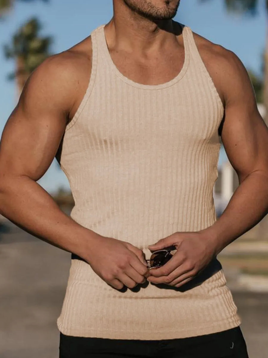 Tan ribbed muscle tank top with a sculpted fit and scoop neckline.