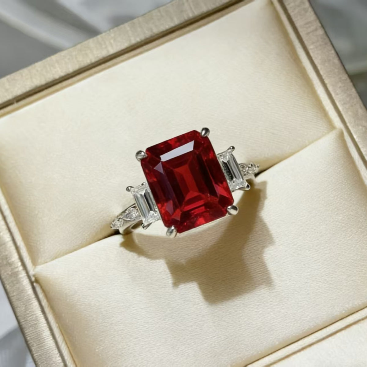 Sterling silver ring with large emerald-cut red moissanite and baguette side stones.