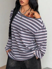 Striped Boat Neck Long Sleeve T-shirt in Gray with stretch